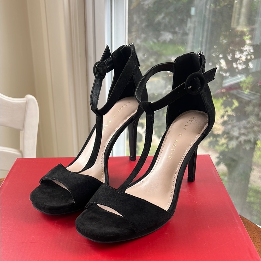 Kelly & Katie Black Suede Stiletto Heels with Ankle Buckle